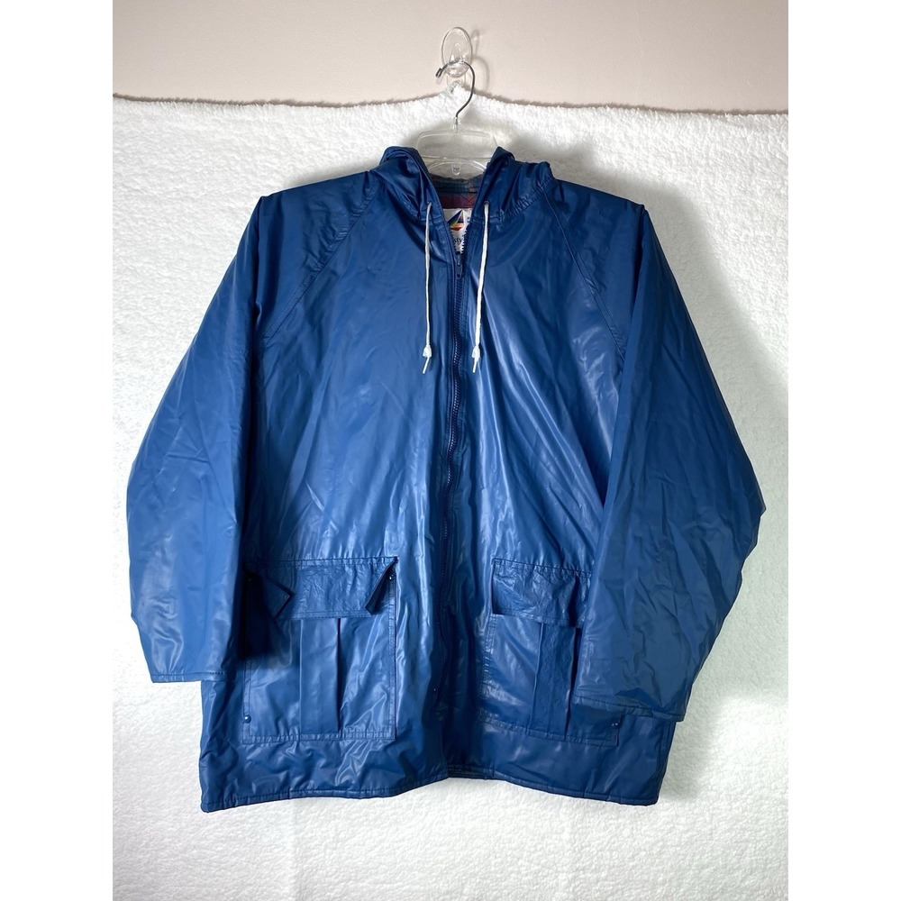 Misty Harbor Blue Rain Slicker Jacket Plaid Lined Hooded Zip Front Large